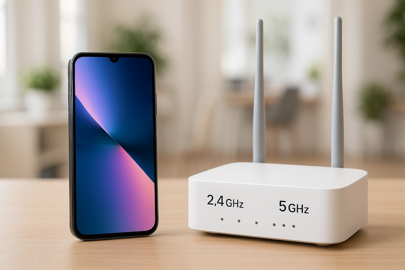 Modern smartphone next to a dual-band WiFi router