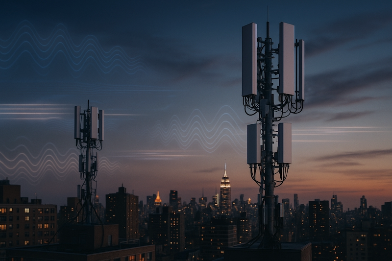 Dusk city skyline with visible 5G towers and waveforms