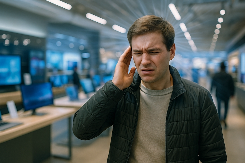 Person shielding themselves from electronics in a tech store