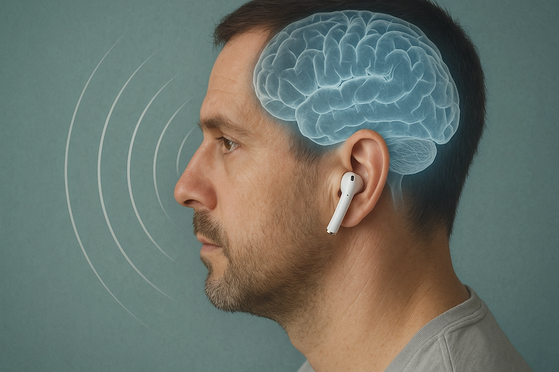 Close-up of person inserting AirPods with signal waves illustrated toward the brain