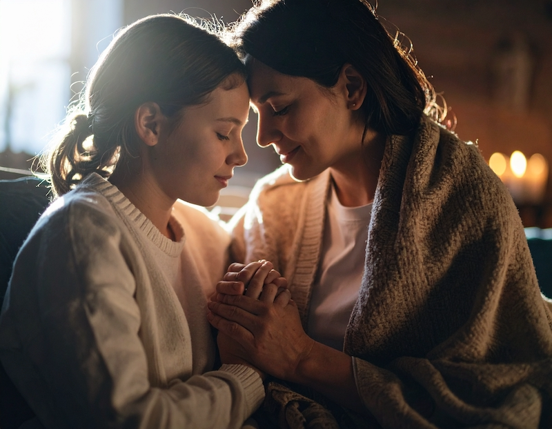 Mother and daughter share a comforting moment