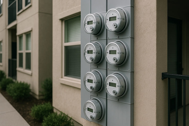 Bank of smart meters installed on apartment wall