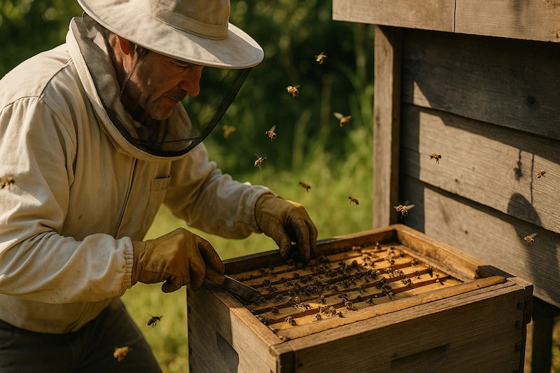 Beekeeper near hive with phone in airplane mode and a Room Shield hanging nearby