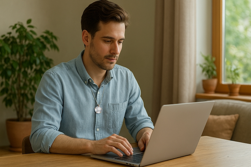 Person calmly working on a laptop while wearing a BioElectric Shield pendant