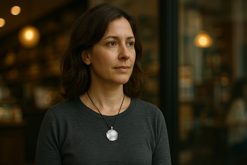Person confidently wearing the BioElectric Shield in daily life.