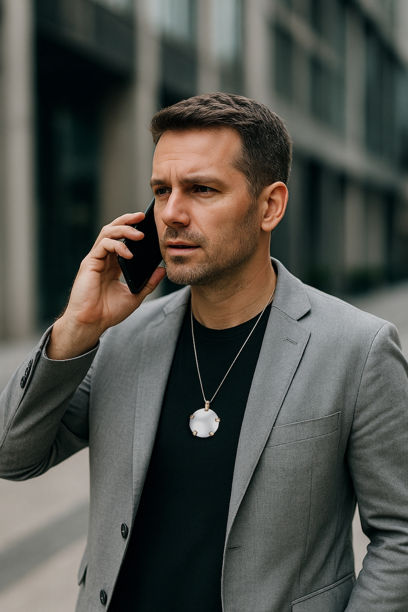 Person wearing BioElectric Shield pendant while on phone in urban setting
