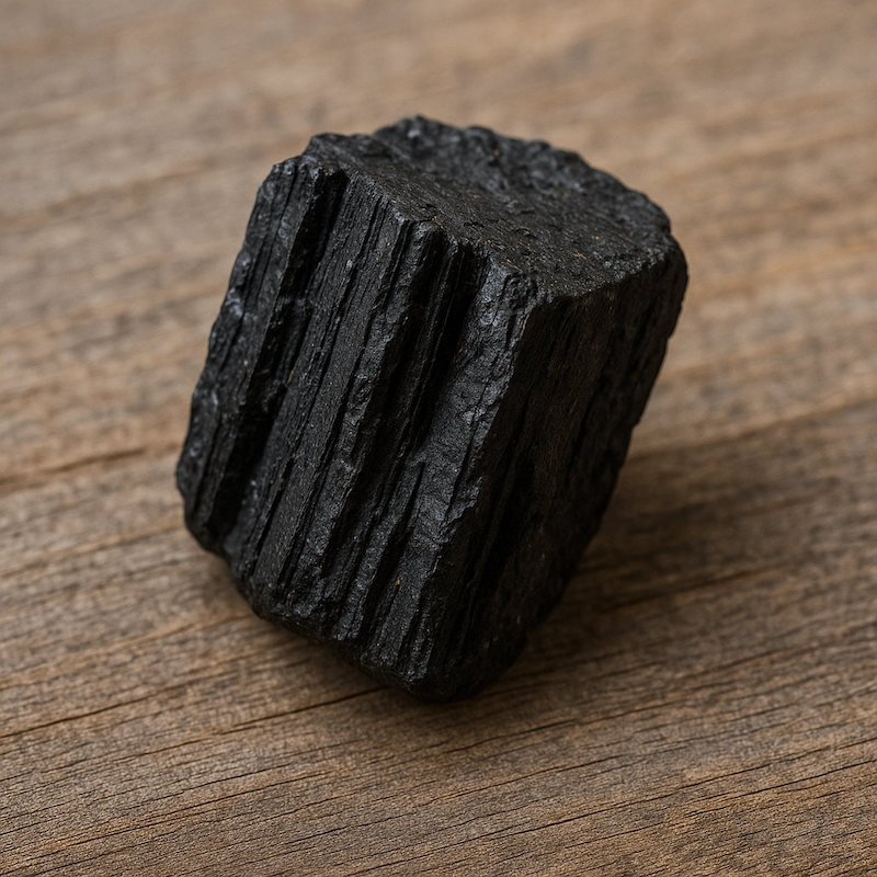 Black tourmaline crystal on wood surface
