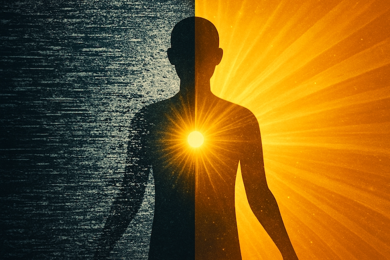 Human silhouette shifting from chaotic energy to clear light