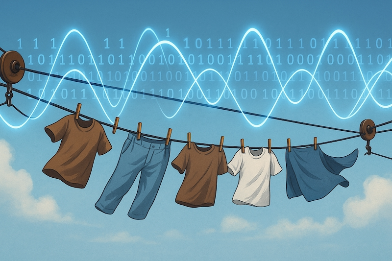 Clothesline with clothes flapping representing digital carrier waves