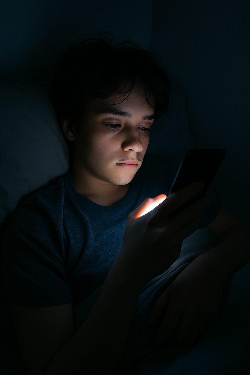 Person using smartphone in the dark late at night