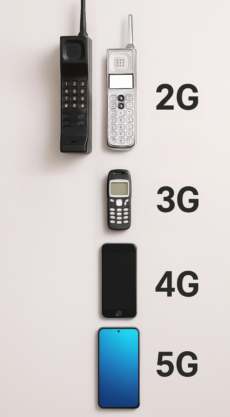 Visual timeline of cell phones from 2G to 5G