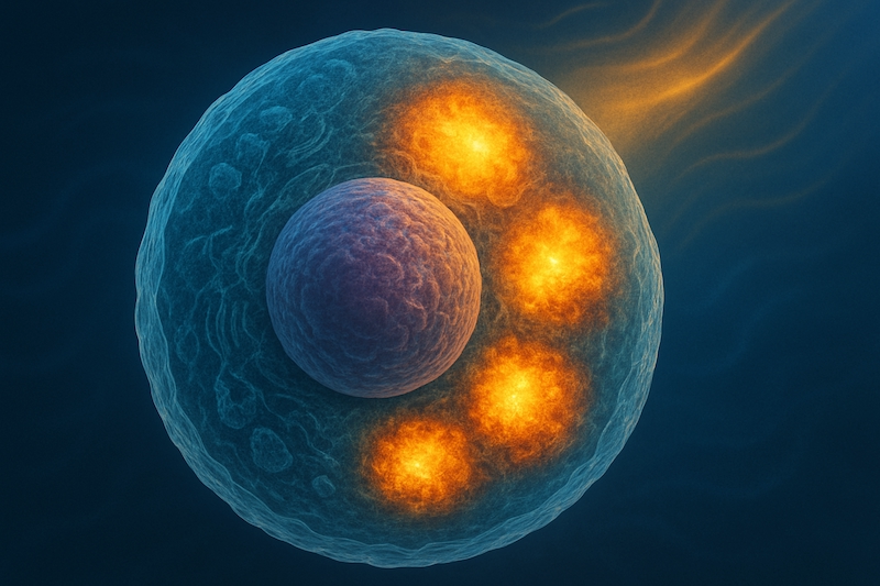 High-detail cell under stress producing heat shock proteins from EMF exposure.