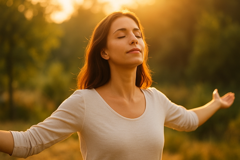 Calm woman standing in sunlight with arms open