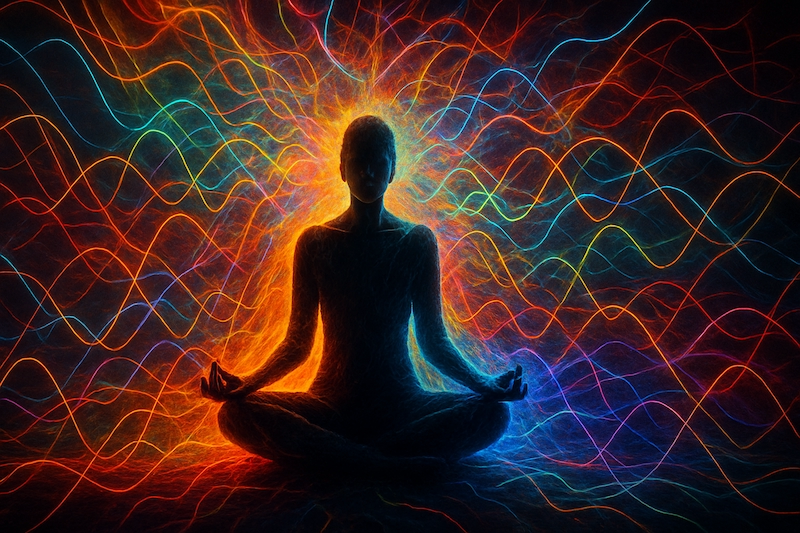 Person surrounded by chaotic energy wave patterns