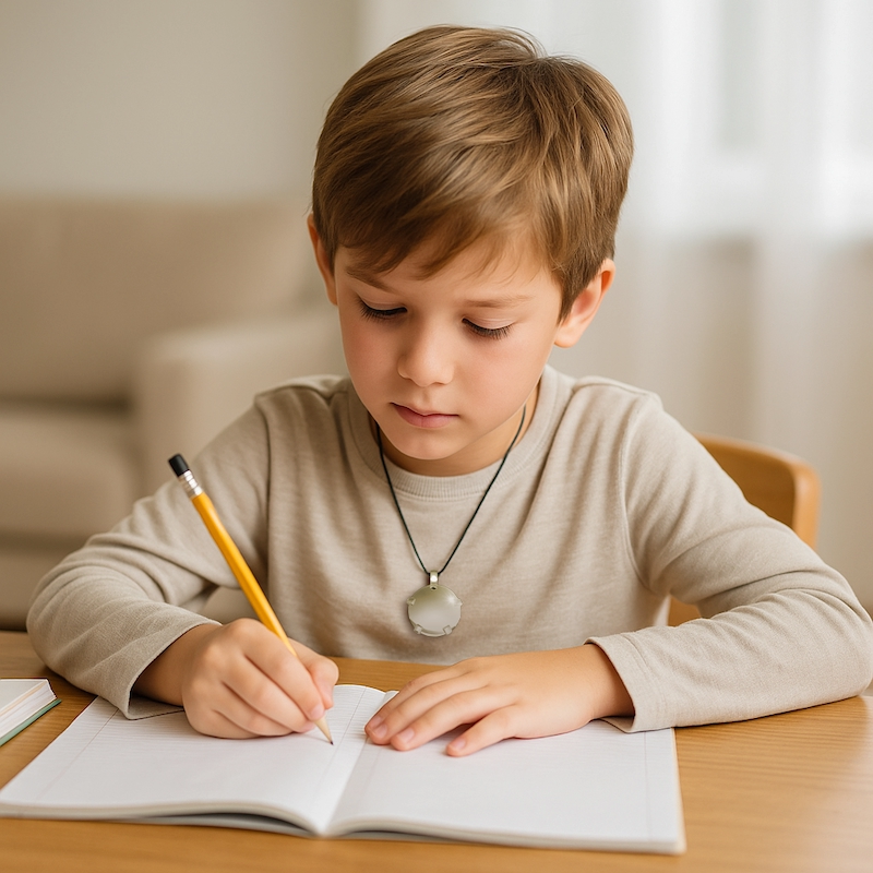 Focused child doing homework while wearing EMF protection pendant