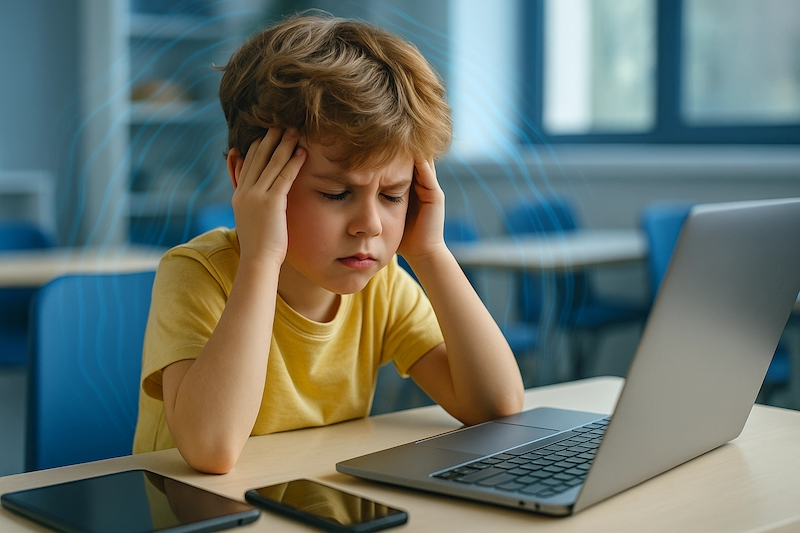 Confused child surrounded by digital devices showing signs of EMF exposure