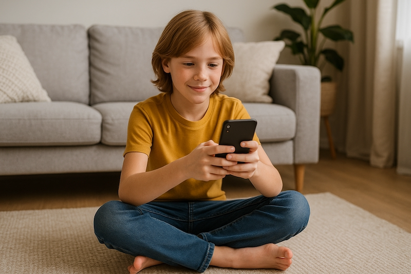 Pre-teen texting at safe distance in living room