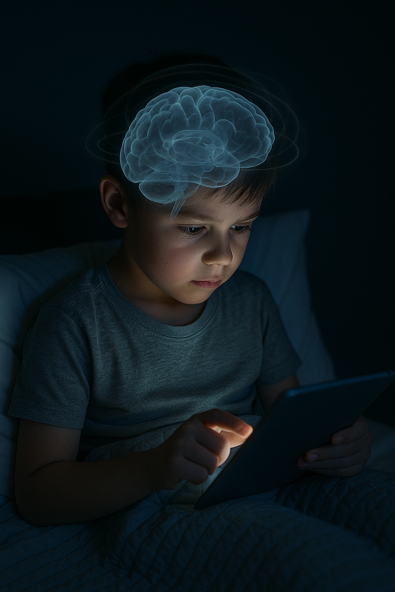 Child using tablet in bed with radiation overlay