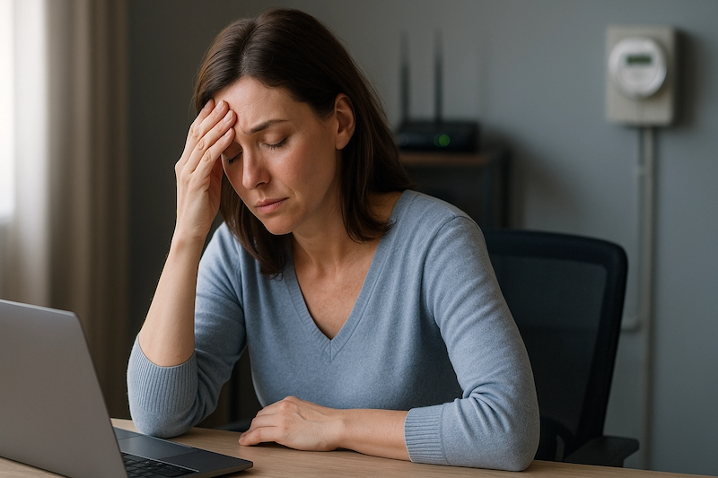 Tired woman at desk with subtle EMF sources