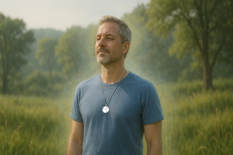 Peaceful person standing alone with energetic glow, wearing the BioElectric Shield