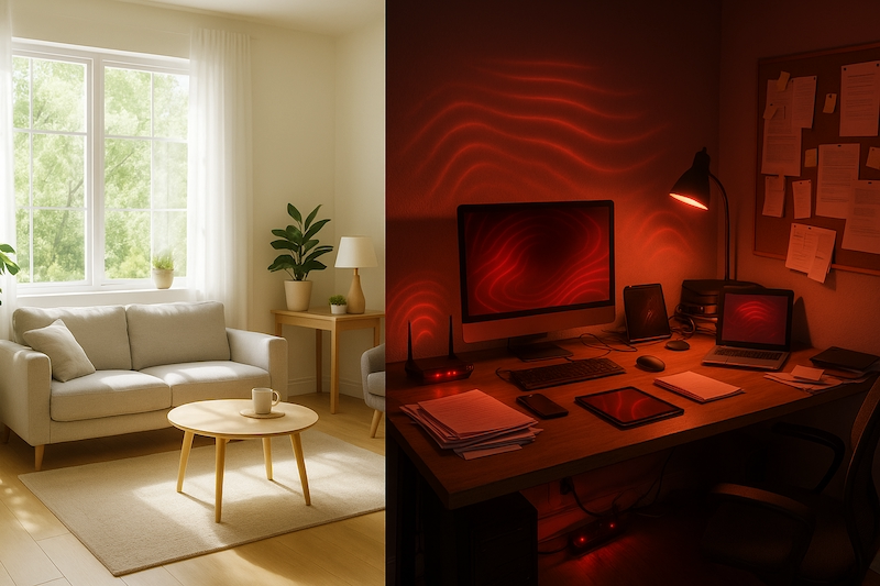 Visual contrast of clean energy vs dirty electricity in home environments
