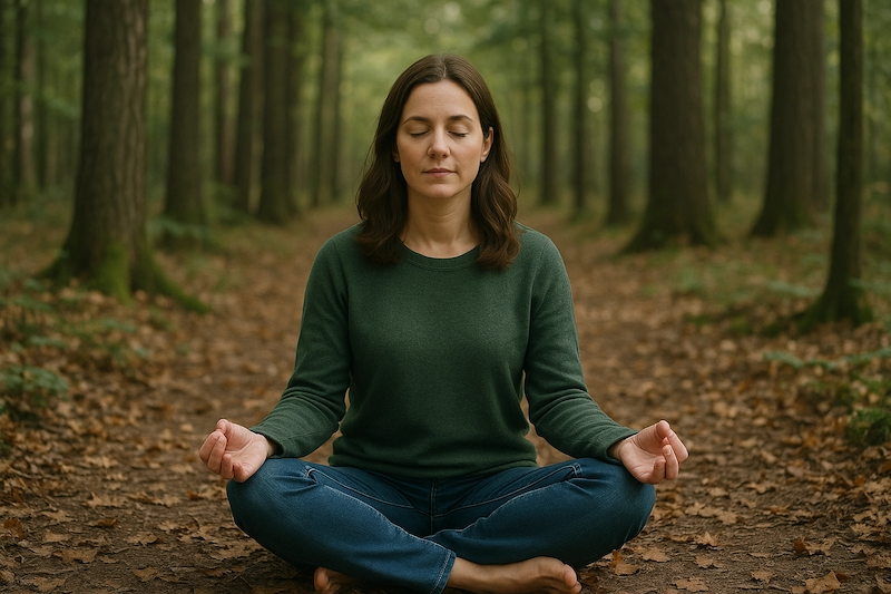 Woman meditating alone in a peaceful forest, symbolizing mental clarity
