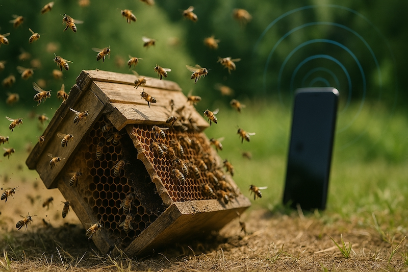 Confused bees scatter from a hive as a cellphone emits electromagnetic waves