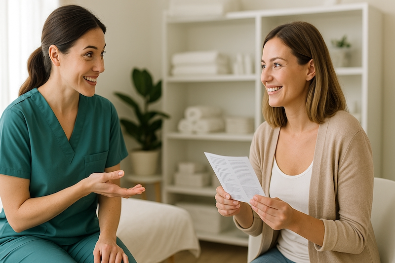 Client and therapist talking in wellness setting