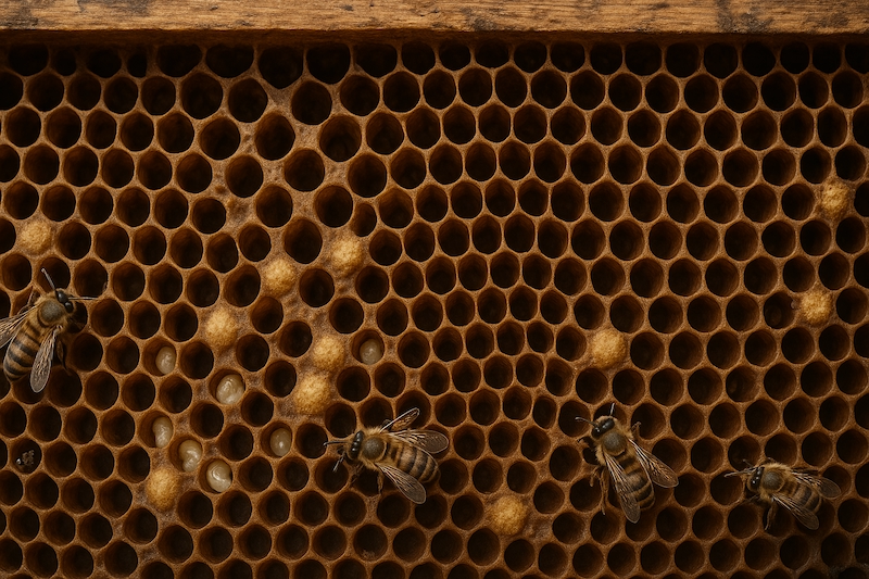 An abandoned hive with only a queen, eggs, and immature bees remaining