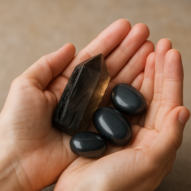 Hands holding several grounding crystals