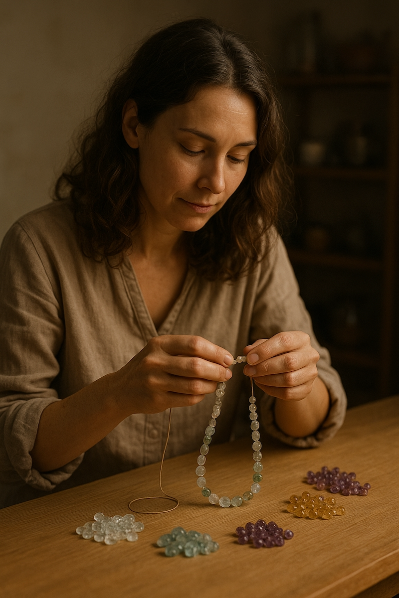 Artisan stringing a gemstone necklace in natural light
