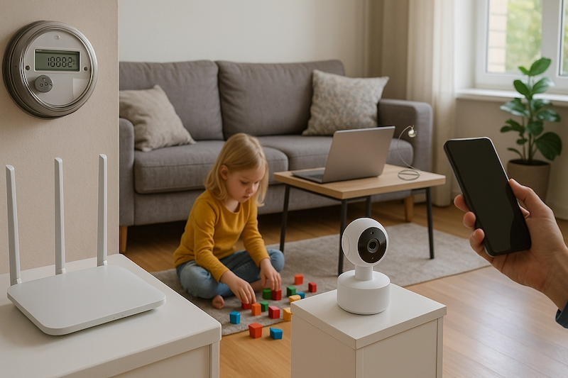 Modern household with multiple EMF sources including router, cellphone, smart meter.