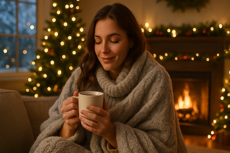 Cozy holiday scene with person relaxing near festive lights