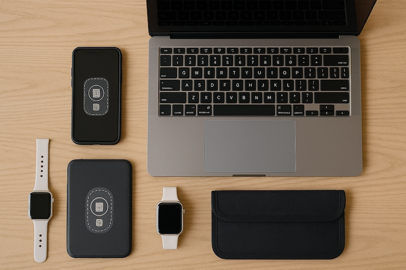 EMF protection products displayed with modern devices