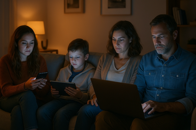 Person surrounded by EMF-emitting devices with stylized radiation