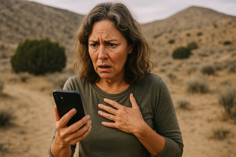 A woman showing anxiety while clutching her phone in a remote setting