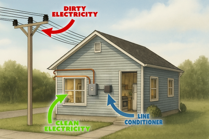Diagram showing dirty electricity entering a house and clean power after filtration
