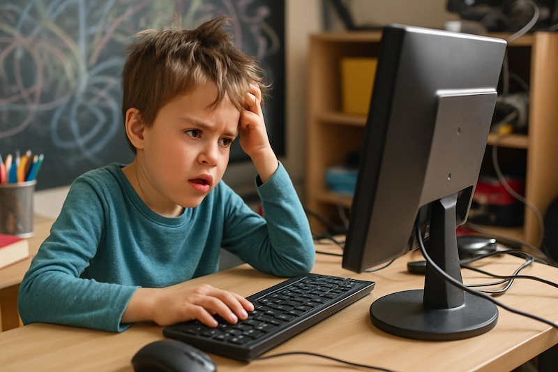 Distracted child sitting at a computer