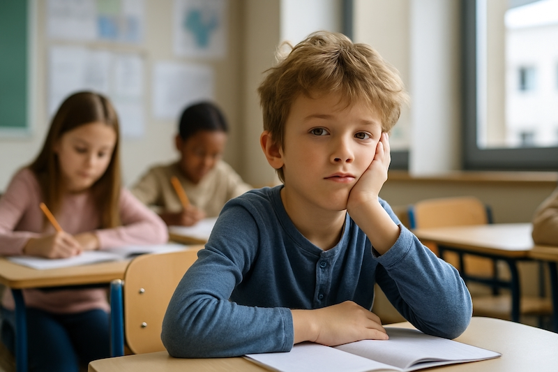Distracted child at school desk