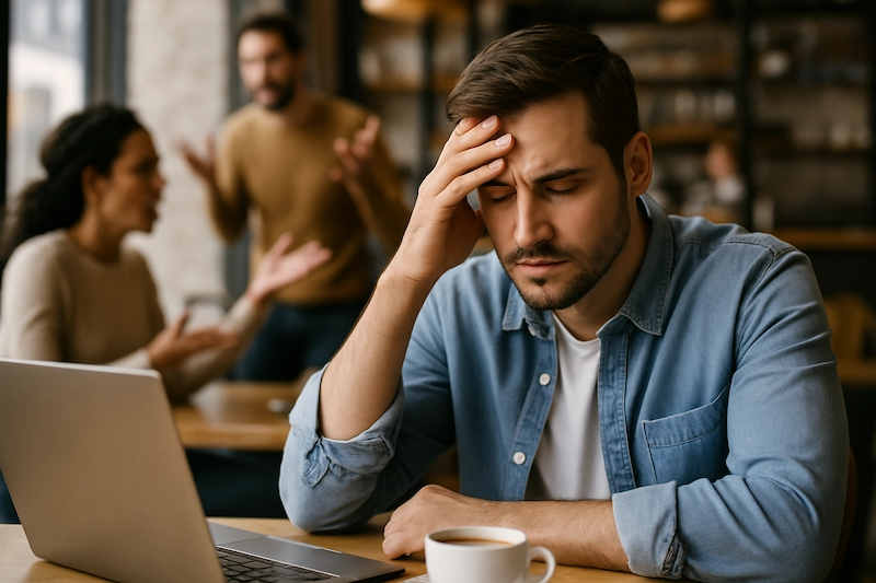 Overwhelmed person surrounded by emotional chaos
