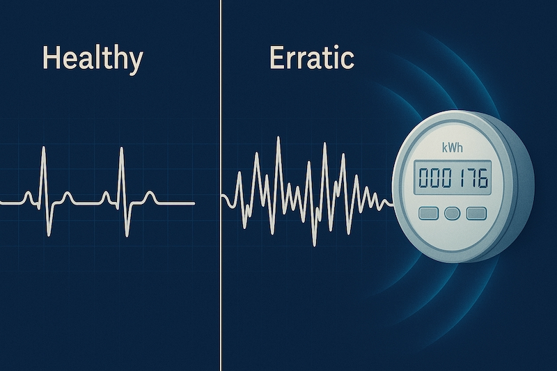 EKG comparison of healthy and distorted heart signals from smart meter exposure