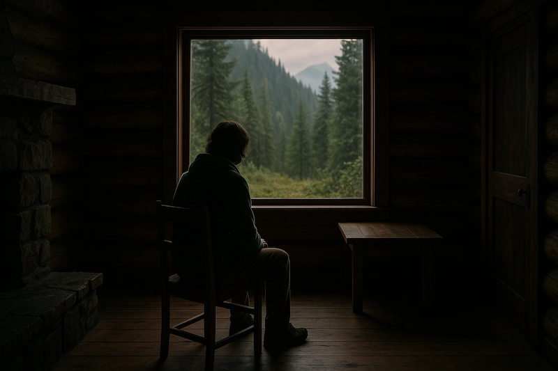 Person alone in forest cabin retreating from EMF exposure