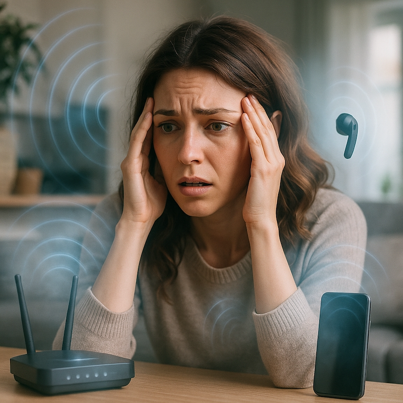 Woman in home environment surrounded by EMF waves, looking anxious.