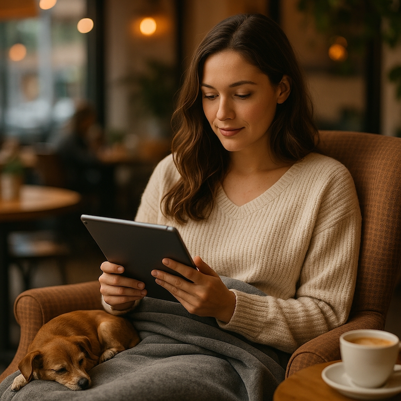 Woman using tablet with EMF-blocking blanket on lap