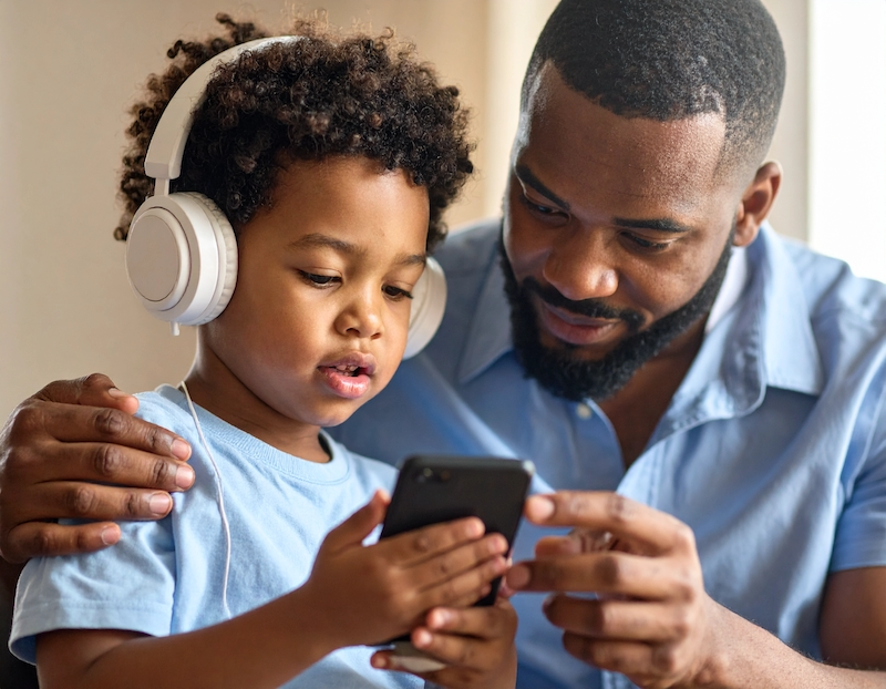 Parent looking concerned while child uses phone with headphones