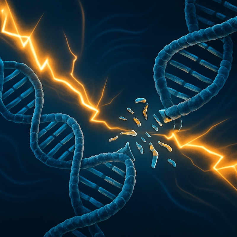 Conceptual illustration of EMF waves disrupting DNA structure.