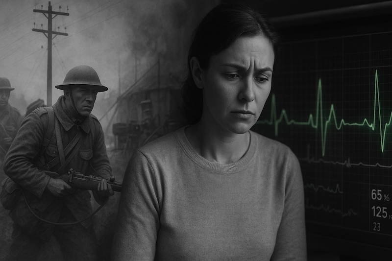 Historical soldiers and modern heart monitor showing connection to EMF