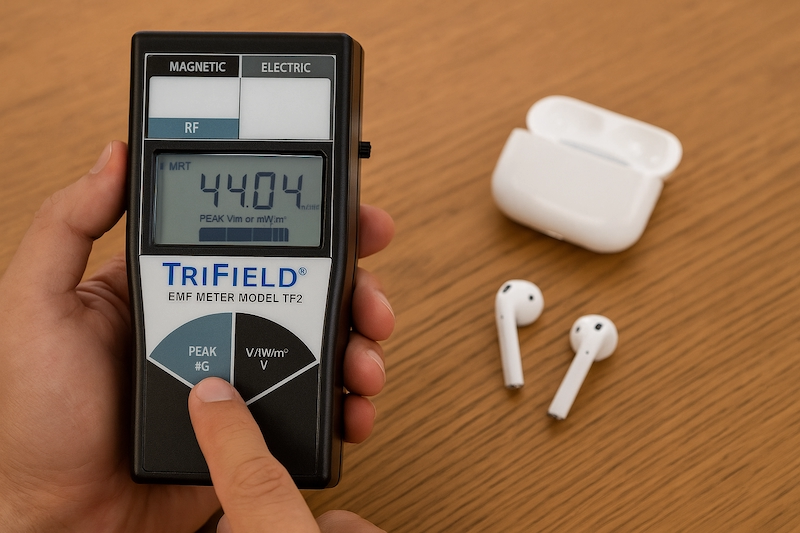 EMF meter showing high radiation levels from AirPods on a table