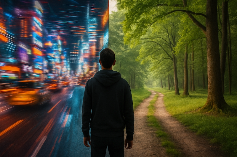 Person choosing between chaotic city and calming nature