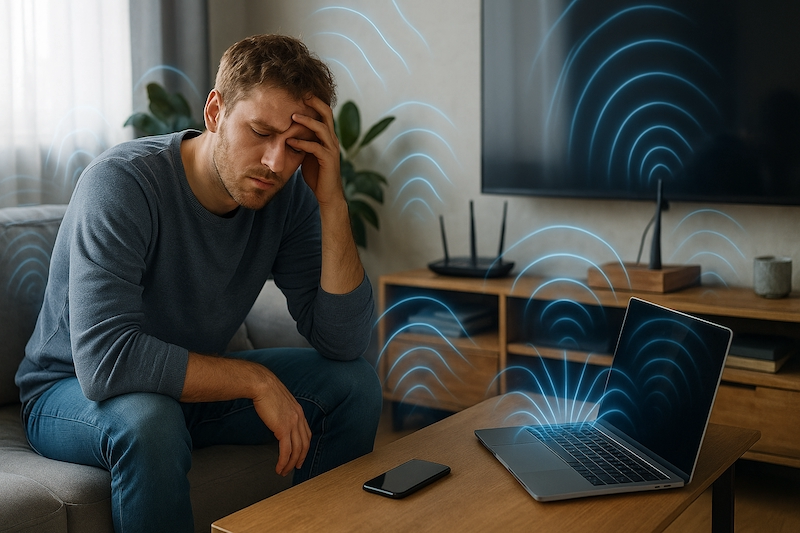 Overwhelmed person surrounded by tech devices emitting energy
